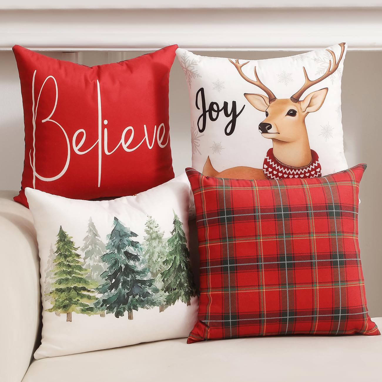 TOYPOPOR Christmas Decorations, Double Sided Plaid Throw Pillow Covers 16x16 Inches Set of 4, Christmas Tree, Snowflakes, Merry Christmas, Snowman Reindeer Winter Holiday Pillowcase for Sofa Couch