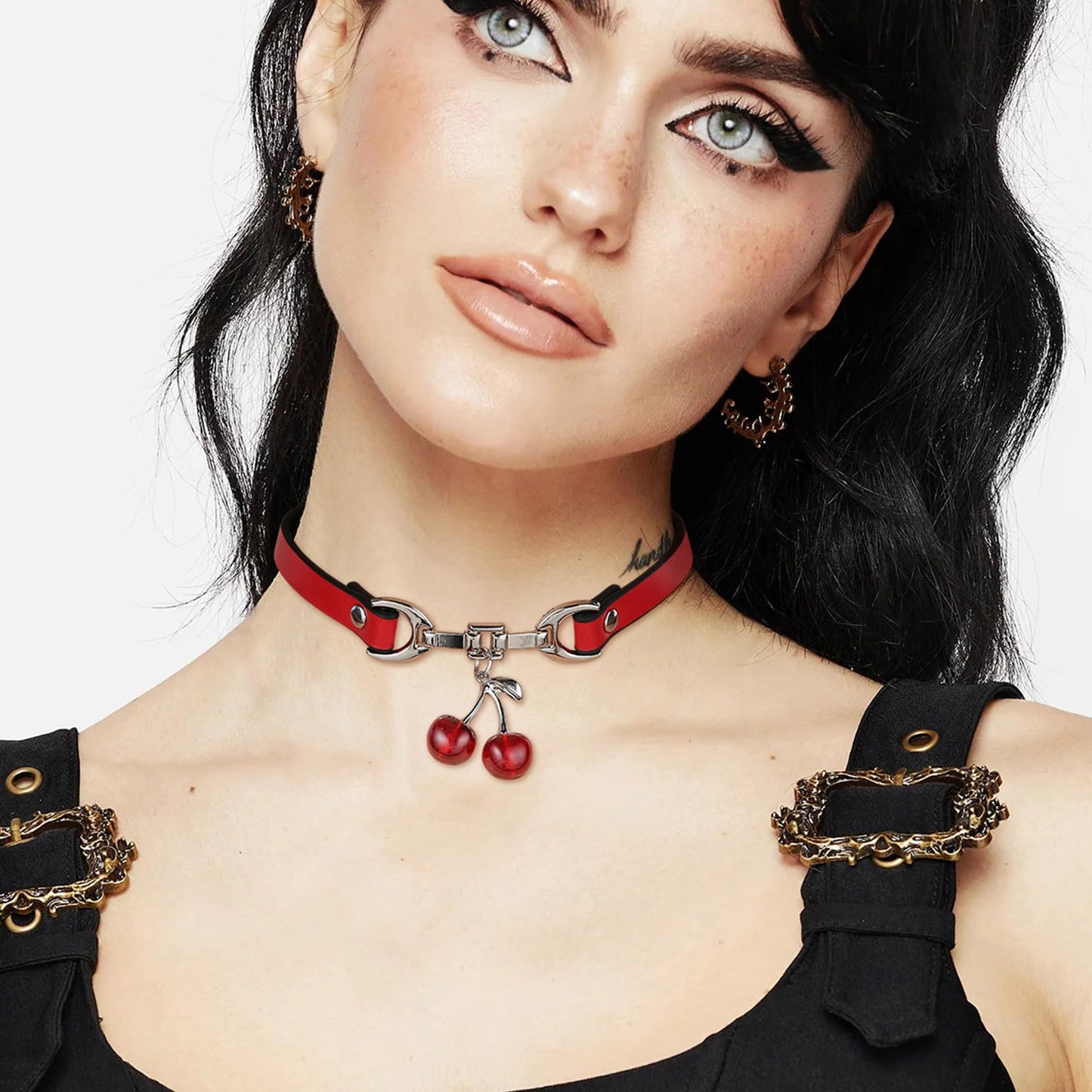 Cherry Pendant PU Leather Collar For Women Red Black Contrasting Cute and Cool Style Decorative Accessories（Cherry）
