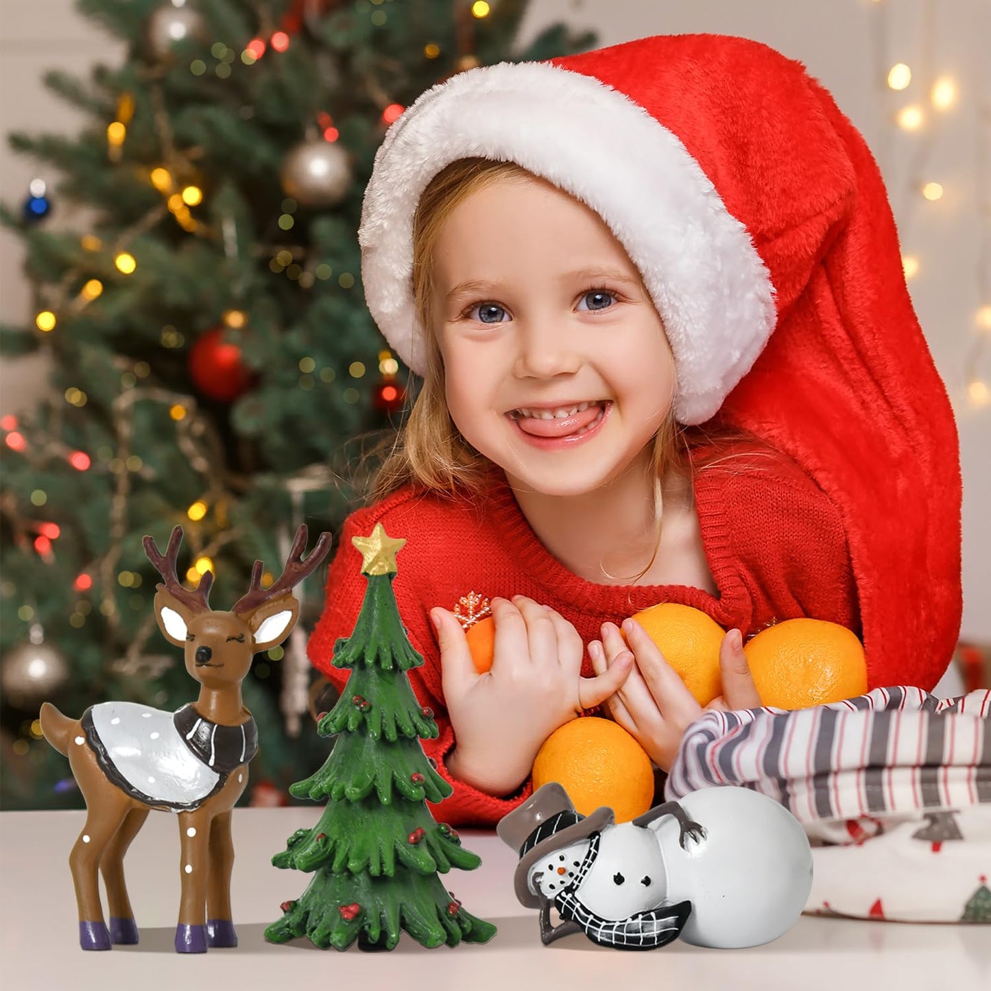 Smile Christmas Indoor Decoration, Set of 3 Small Resin Figurines Snowman Christmas Tree, and Reindeer, Holiday Decor for Mantle Centerpieces and Tabletop