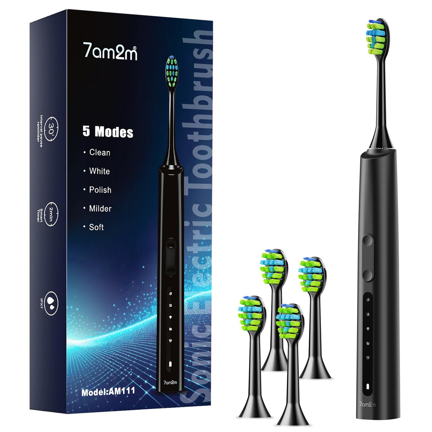 7AM2M Sonic Electric Toothbrush for Adults and Kids, 40000VPM Power Toothbrushes, USB-C Rechargeable with 4 Brush Heads, 5 Modes, 2 Minutes Built in Smart Timer, One Charge for 60 Days (Black)