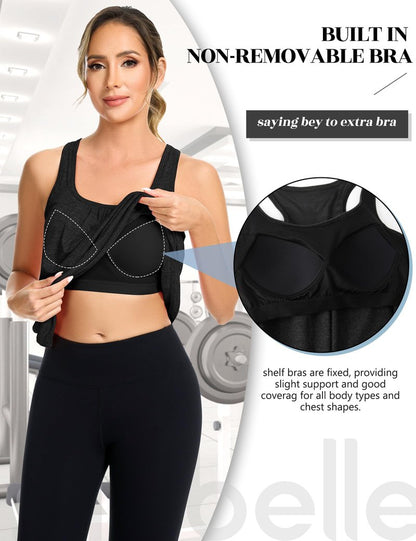 SLIMBELLE Mesh Racer Back Tank Tops Womens Gym Yoga Athletic Workout Tops Round Neck Sleeveless Loose Fit Cami with Built in Bra Black 3XL