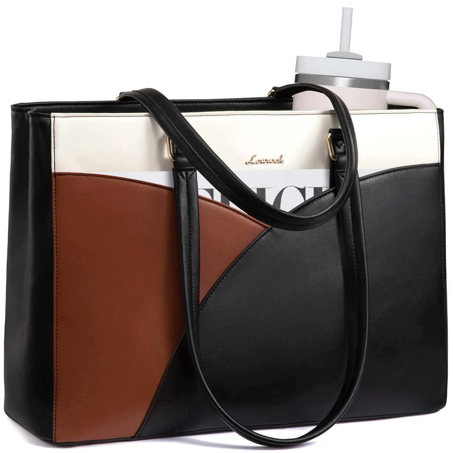 LOVEVOOK Laptop Bag for Women,15.6 Inch Work Teacher Bags Leather Tote Bag Briefcase Waterproof Computer Bag for Women，Black-White-Brown