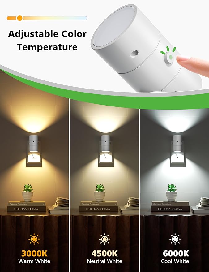 Night Lights Plug Into Wall,3 Color Temperatures LED Night Light Plug in,Dusk to Dawn Sensor,0-100LM Adjustable Brightness,Dimmable Night Lights for Hallway Bathroom Stair Bedroom,White,6 Pack