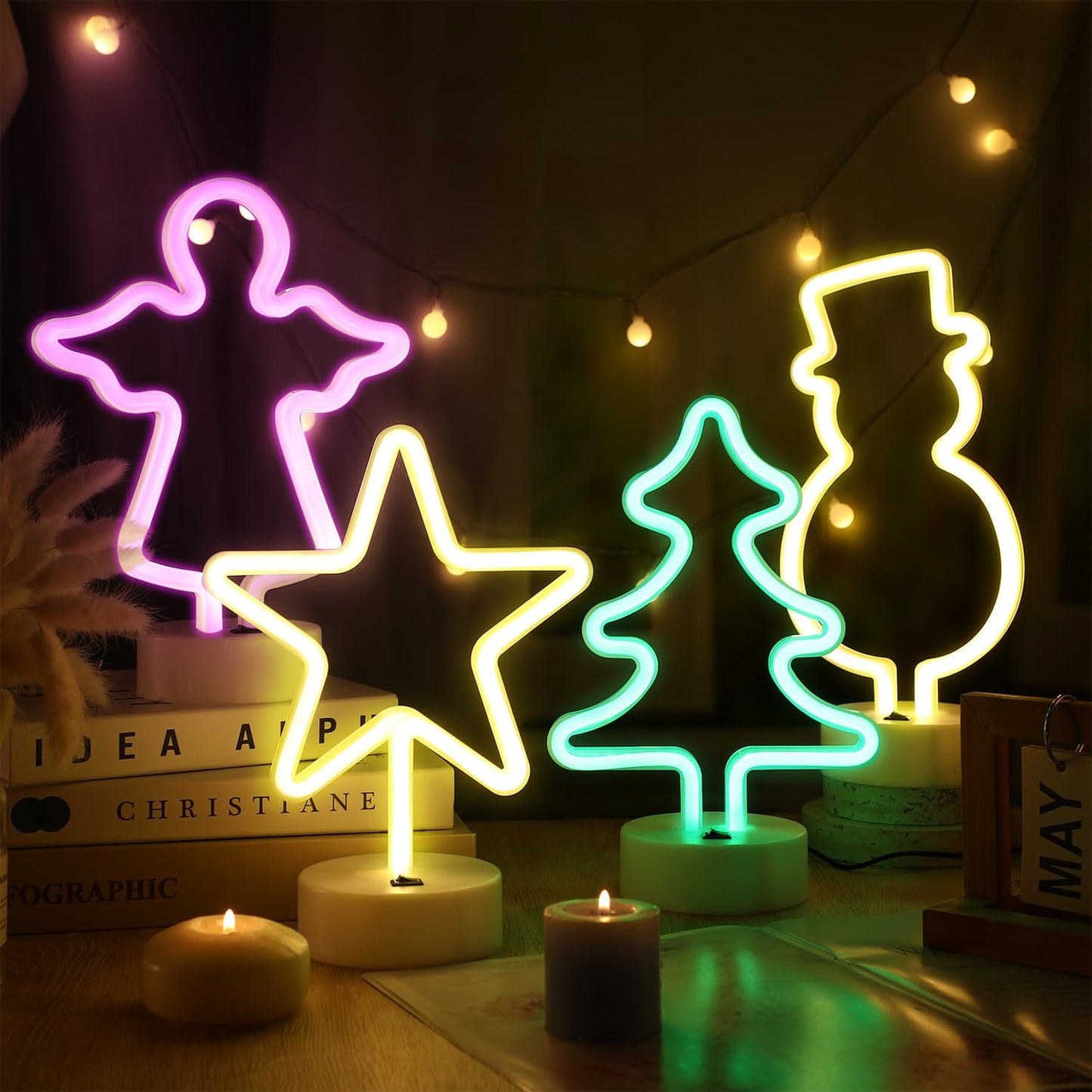 Baquler 4 Pcs Christmas Neon Light Tabletop LED Neon Sign with Holder Base Snowman Light up Night Lights Battery or USB Powered Holiday Decorations for Bedroom Party Supplies