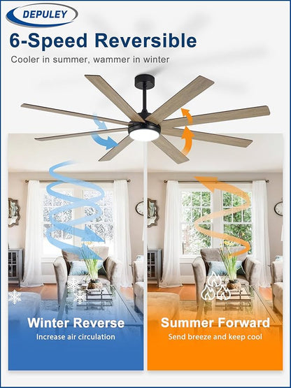 Depuley 66" Ceiling Fans with Lights: Large Indoor/Outdoor Ceiling Fan for Patios Living Room - 8 Blades Wooden Dimmable Ceiling Fans with Remote APP Control Timer Reversible Quiet DC Motor 6 Speeds
