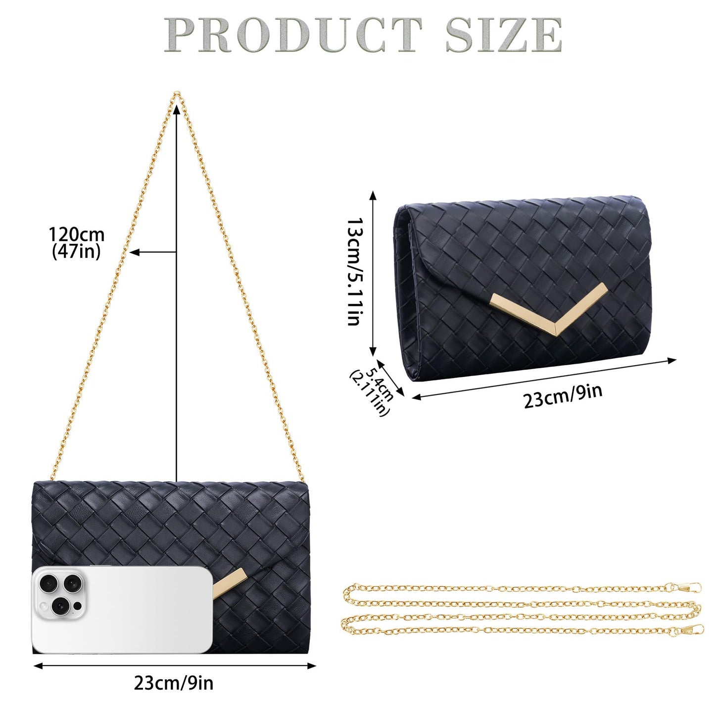 Larcenciel Clutch Purse for Women, Woven Black Leather Evening Bag w/Chain Strap, Formal Envelope Clutch Handbag, Elegant Crossbody Shoulder Party Bags for Wedding, Prom, Cocktail Night, Date, Dinner