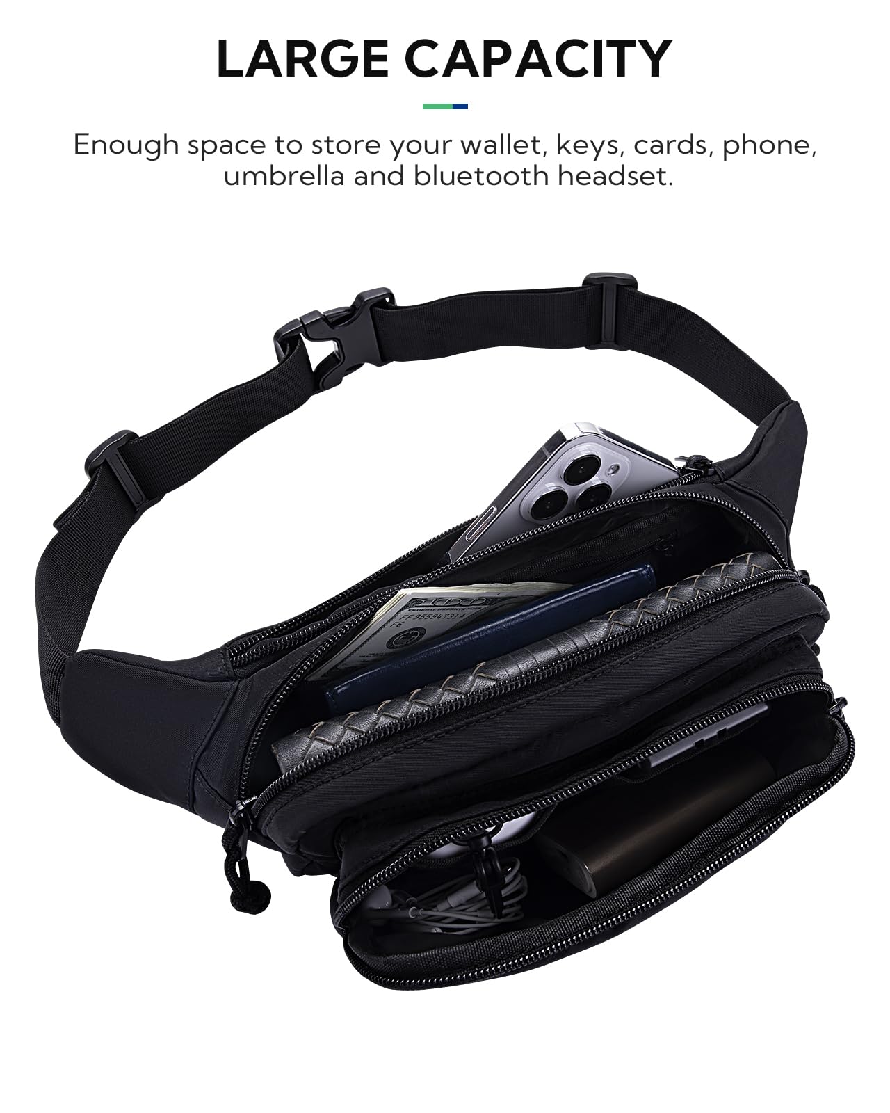 WATERFLY Fanny Pack Waist Packs: Large Crossbody Fanny Packs for Women Men with 5 Zipper Pockets Adjustable Strap Waist Bags Hip Pack for Traveling Cycling Running Hiking