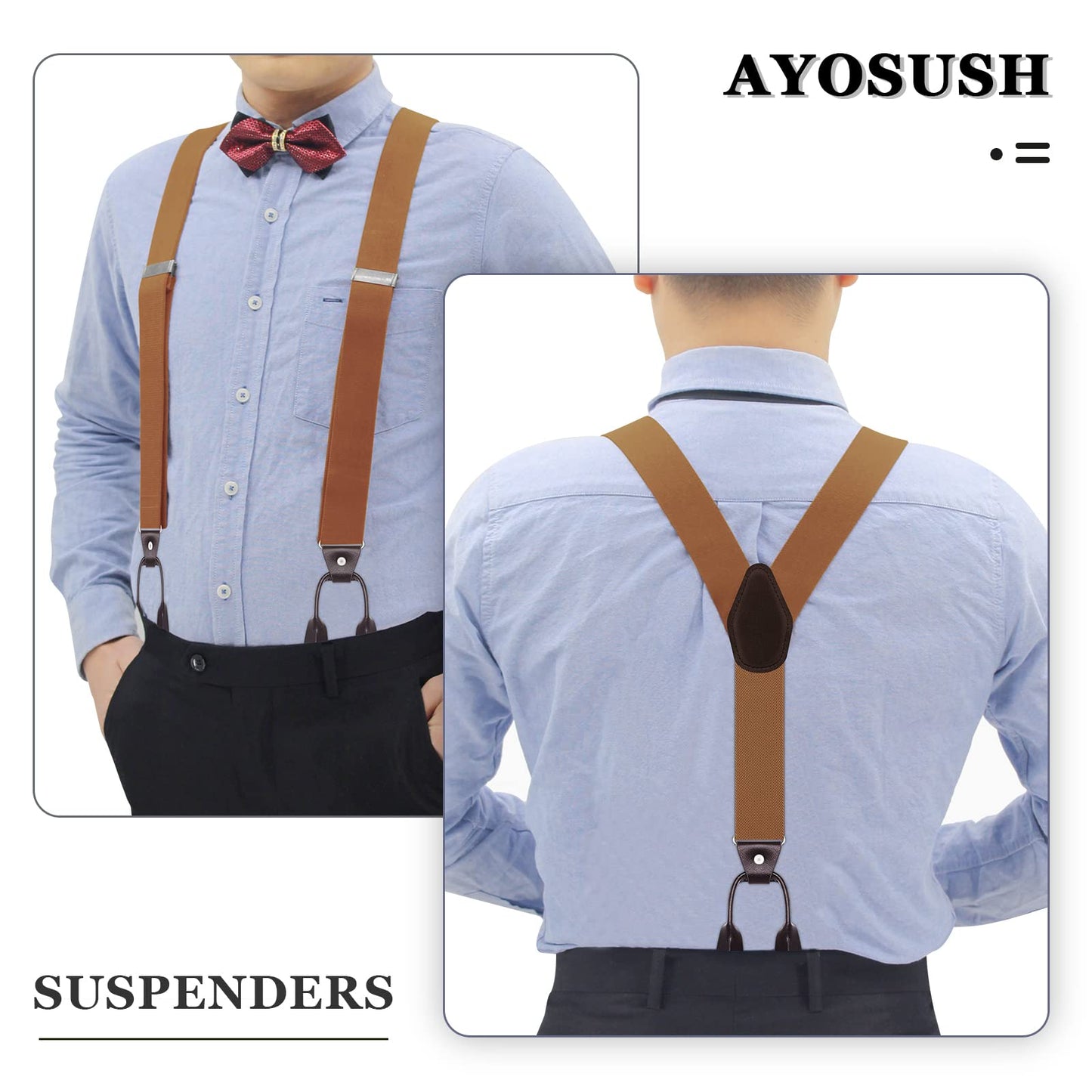 AYOSUSH Button End Suspenders for Men Leather Brown Soild Color Classic Business