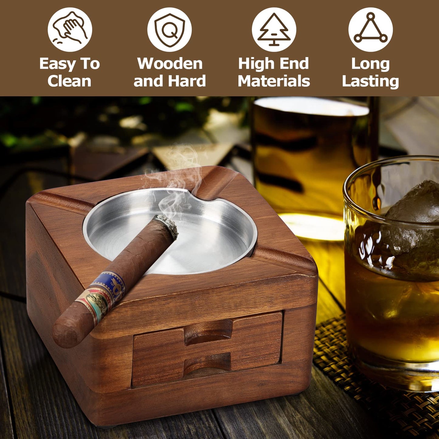 Tesonway Cigar Ashtray, Wooden Ashtray, Square Ashtray 4 Slots Cigar Holder with Accessories Drawer for Indoor Outdoor Patio Home Office, Personalized Cigar Gifts for Men