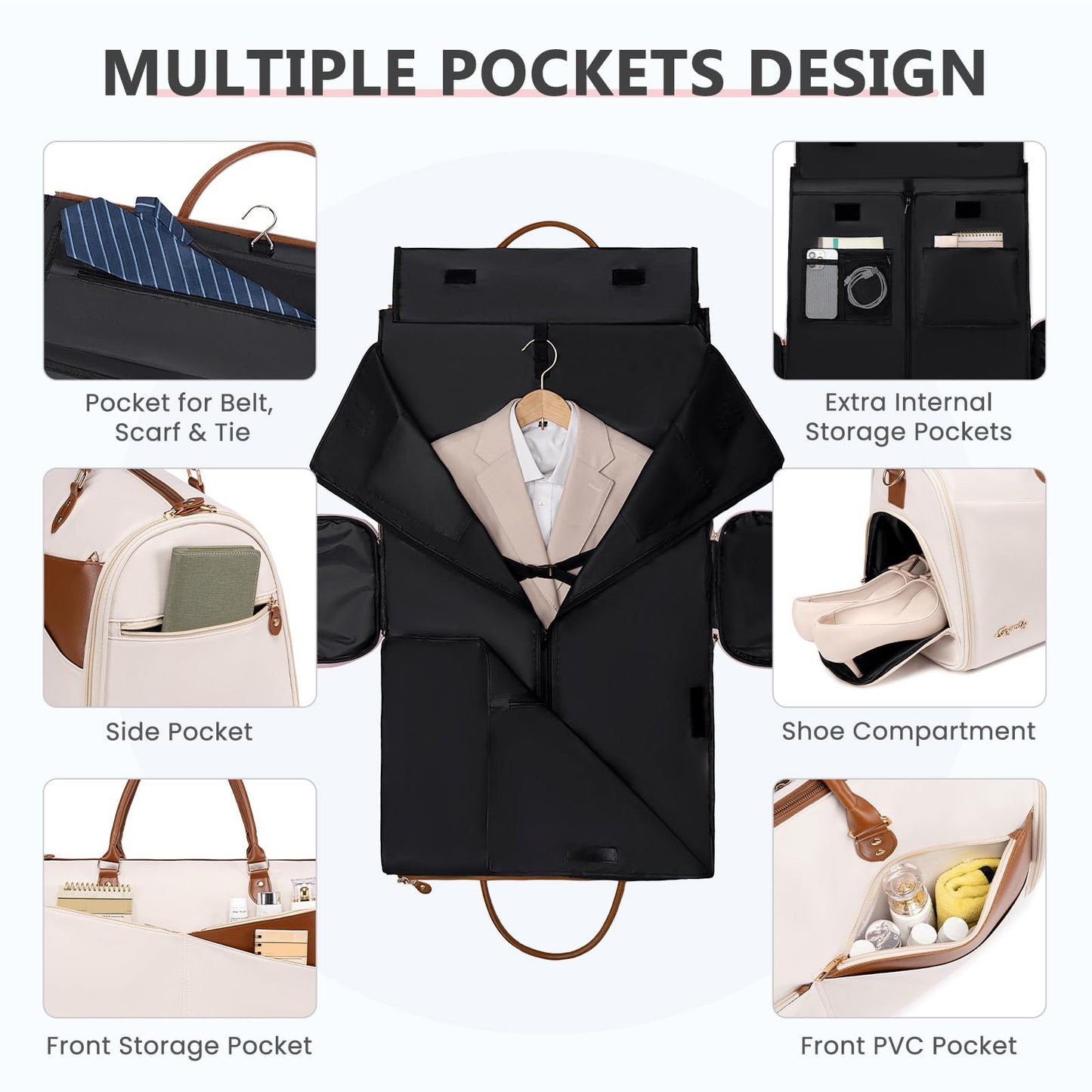 Convertible Garment Duffle Bag for Travel, Carry On Garment Bag for Women, 2 in 1 Travel Garment Bag with Shoe Compartment, Foldable Suit Travel Bag for Hanging Clothes, Beige