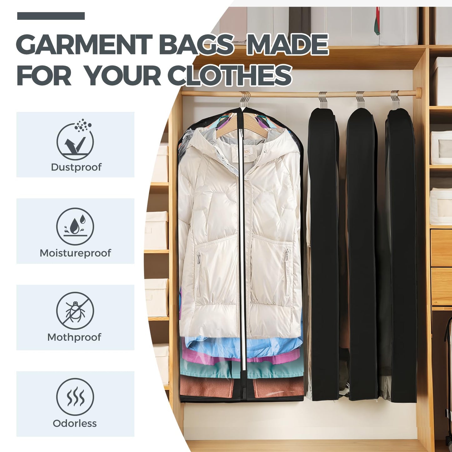 6 Pcs 40" Garment Bags for Hanging Clothes, Clear Suit Bags for Closet Storage Clothing Storage, Garment Bags Shoulder Covers with 4" Gussets for Coats, Jackets, Shirts and Sweater, Black