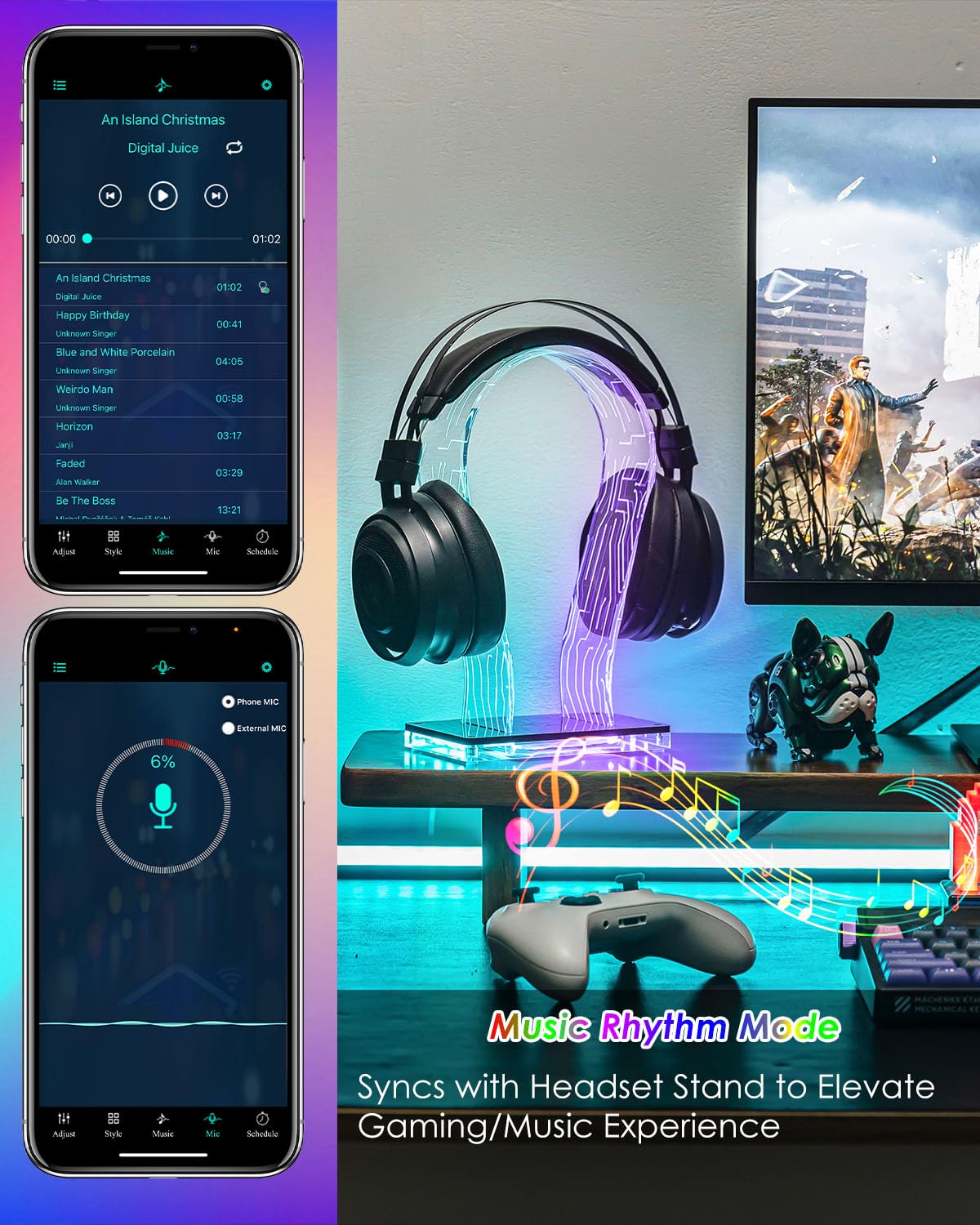 OAPRIRE RGB Headphone Stand with 213 Modes 60K Colors, Music Rhythm Sync, Acrylic Headphone Stand for Desk Enhances Gaming Setup Experience, Gaming Headset Holder with APP & Wired Controller
