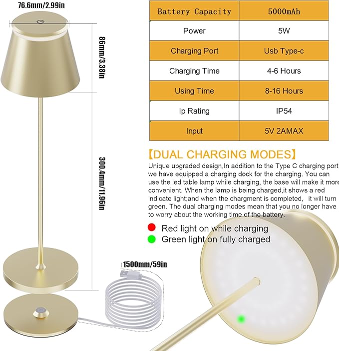 Cordless Table Lamp Rechargeable,5000mAh Battery Operated Desk Lamp,Waterproof Touch Dimmable Light with Remote,3 Color Stepless Dimming Up,for Bedroom/Office/Bars/Camping. (Gold, 1pcs)