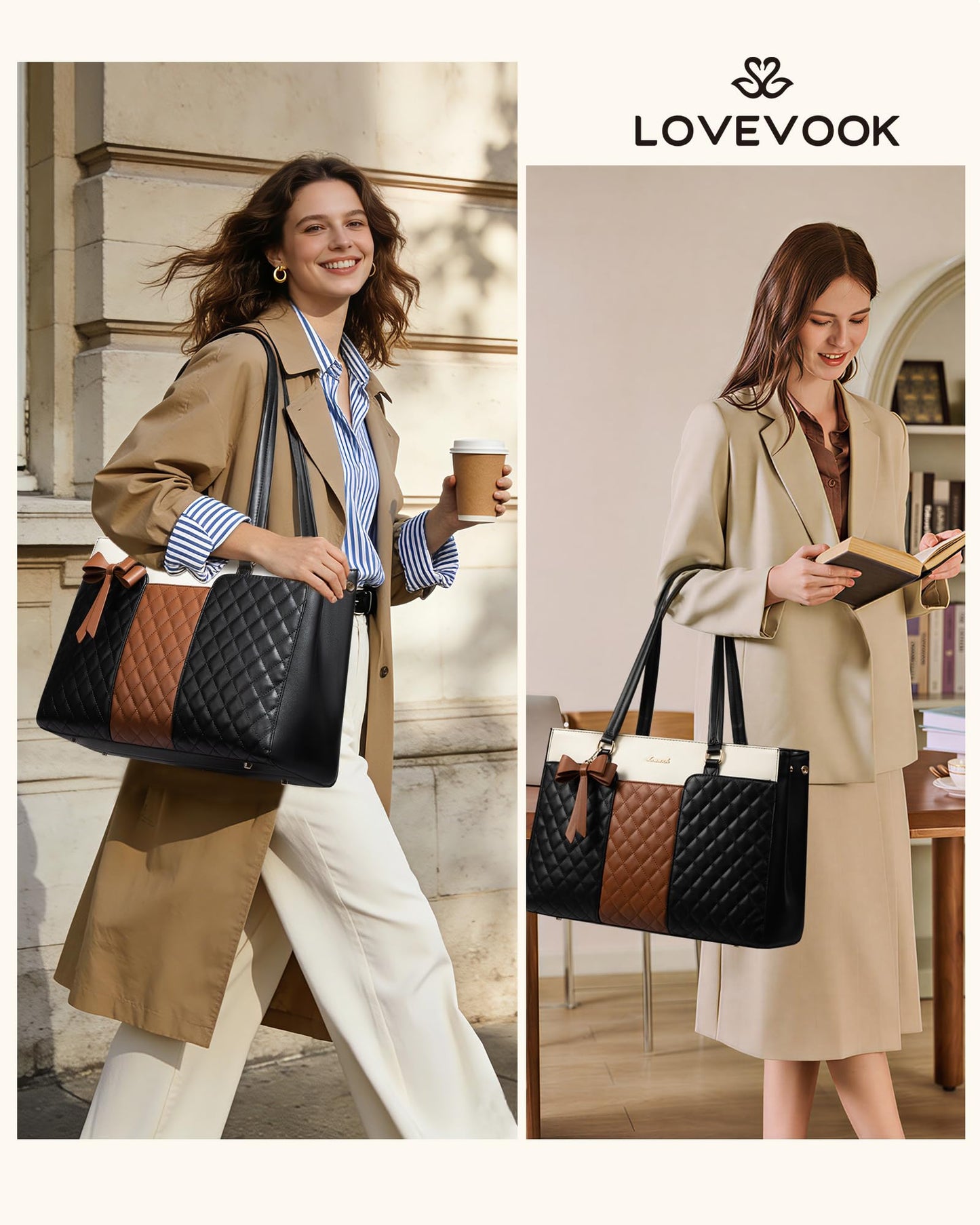 LOVEVOOK Laptop Tote Bag for Women,15.6 Inch Work Bags PU Leather Teacher Tote Bag,Waterproof Quilted Computer Bag for Office Professional Briefcase Gifts