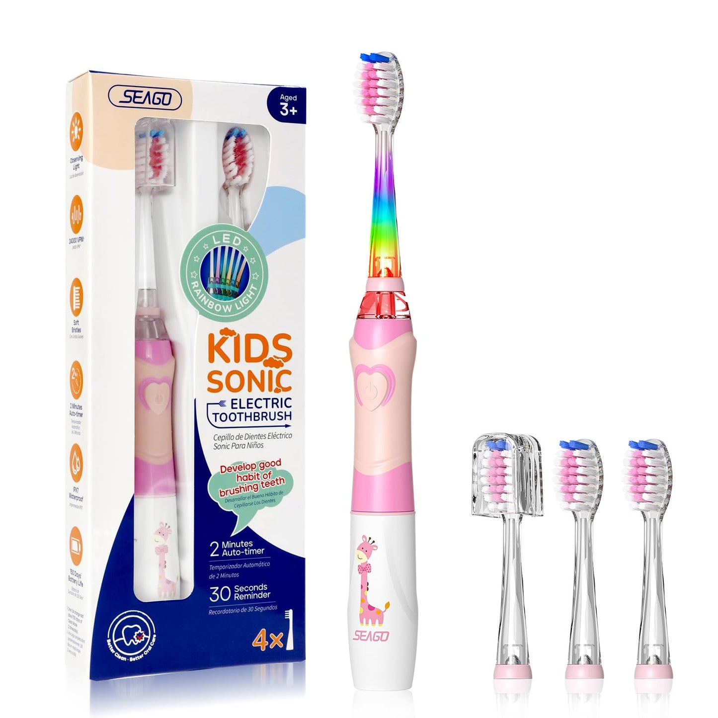 SEAGO Kids Electric Toothbrush with 2 Mins Brushing Timer and 4 Replacement Bursh Heads, Rainbow LED Light Make Brushing Fun, Boys Battery Powerd Toothbrush for 4-12 Years Old，SG-977 (Light Blue)