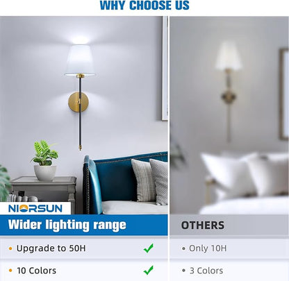 NIORSUN Battery Operated Wall Sconce Set of 2,Black-Gold Rechargeable Wall Lights with 5200mAh Dimmable Bulbs and Remote,10 Colors Wireless Wall Lamps for Bedroom Living Room Hallway Decor