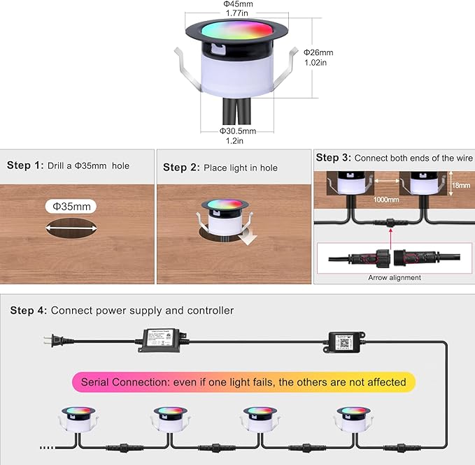 FVTLED Recessed LED Deck Lights Kit, Φ1.77 Low Voltage WiFi Pixel RGBW+IC Deck Lighting Work with Alexa/Google Home, IP67 Waterproof Outdoor Step Lights DC12V for Garden,Steps,Stair(10 Pack, Black)