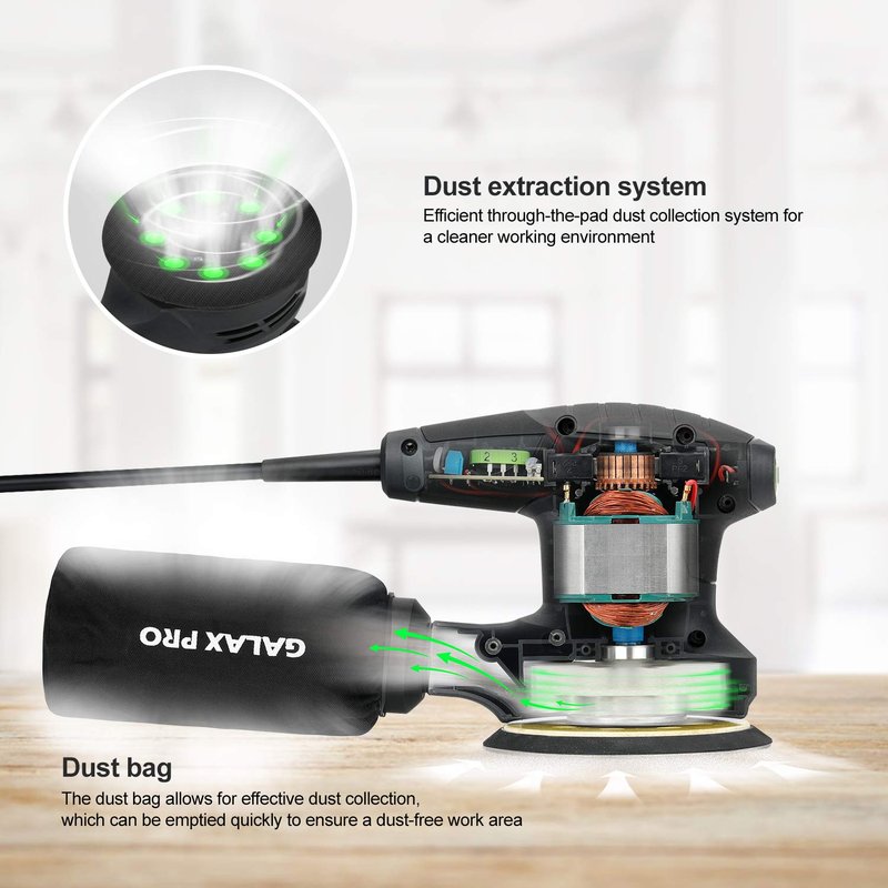 GALAX PRO 280W 13000OPM Max 6 Variable Speeds Orbital Sander with 15Pcs Sanding Discs, 5” electric Sander with Dust Collector for Sanding and Polishing