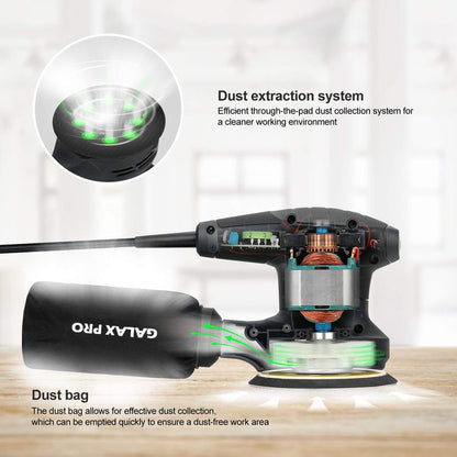 GALAX PRO 280W 13000OPM Max 6 Variable Speeds Orbital Sander with 15Pcs Sanding Discs, 5” electric Sander with Dust Collector for Sanding and Polishing