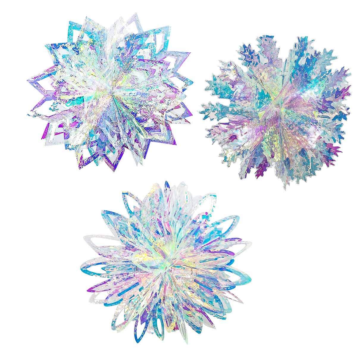 CNUSER 3PCS Iridescent Snowflake Star Flower Ball Ornament Hanging Decorations, Clear Foil Decorative Folding Decor, Rainbow Shine Party Ornaments for Wedding Birthday Christmas Frozen Theme Party