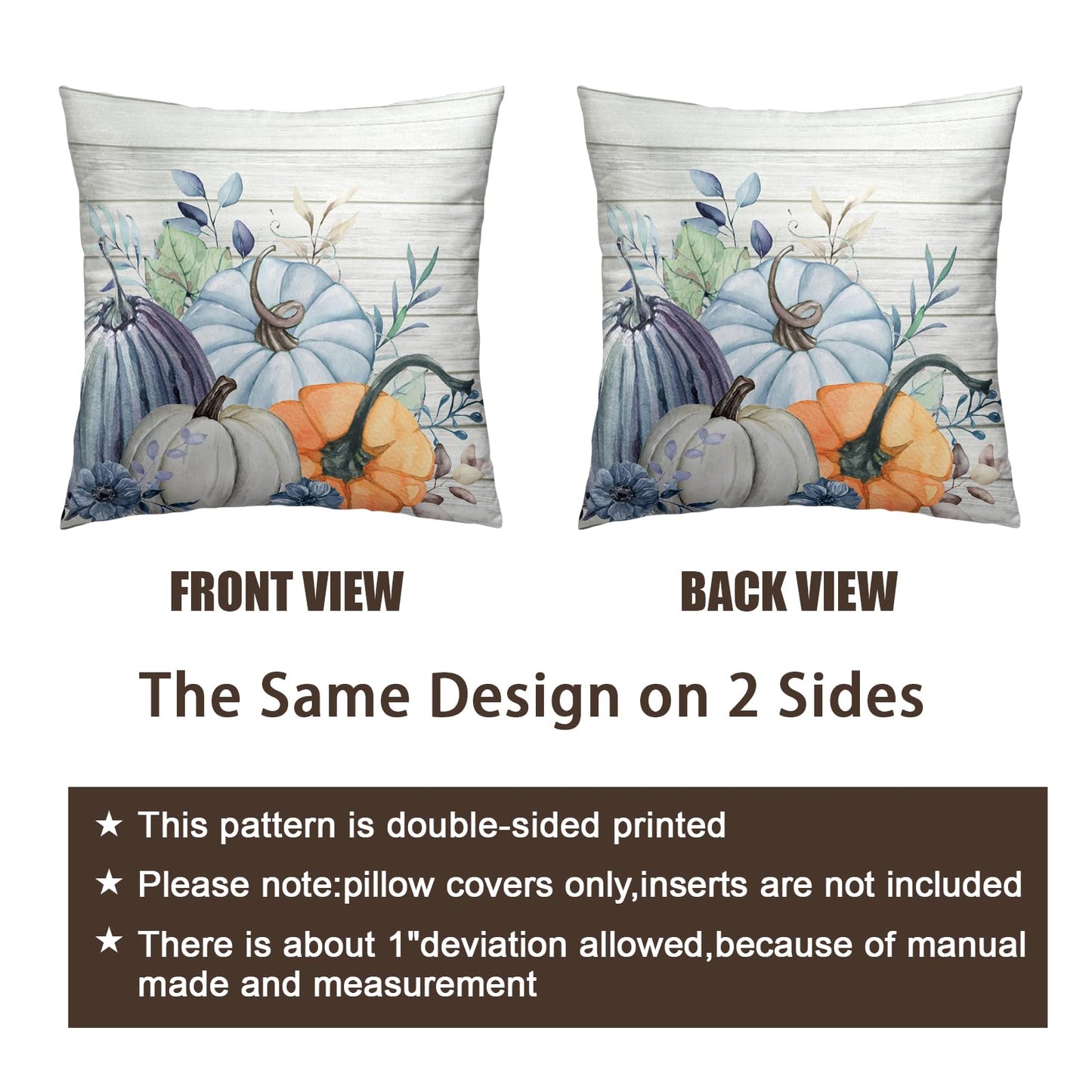Wnoesat Fall Blue Teal Throw Pillow Covers 16x16 Pumpkin Leaves Print Pillow Cases Set of 2 Thanksgiving Decorations Autumn Harvest Holiday Cushion Cover for Farmhouse Living Room Decor