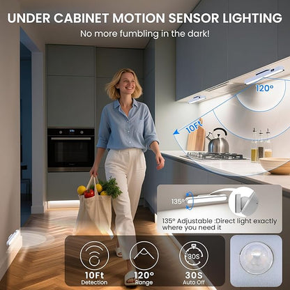 Under Cabinet Lighting Battery Operated 3000mAh Rechargeable,New Closet Motion Sensor Lights Indoor, Power Display 3 Color Temps Dimmable 300LM Magnetic Light Bar for Kitchen Counter(White)