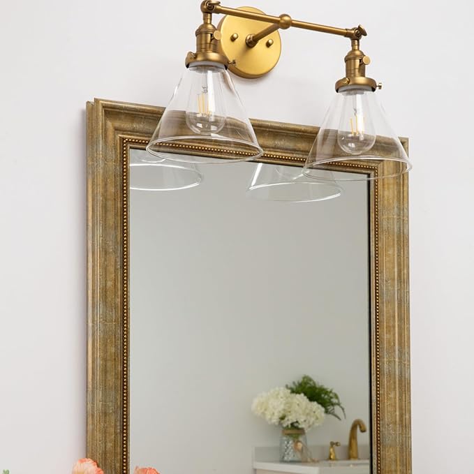 PERMO Double Sconce Vintage Industrial Gold 2-Lights Wall Sconces with Funnel Flared Glass Clear Glass Shade Antique Scocne for Bathroom Living Room Home Office