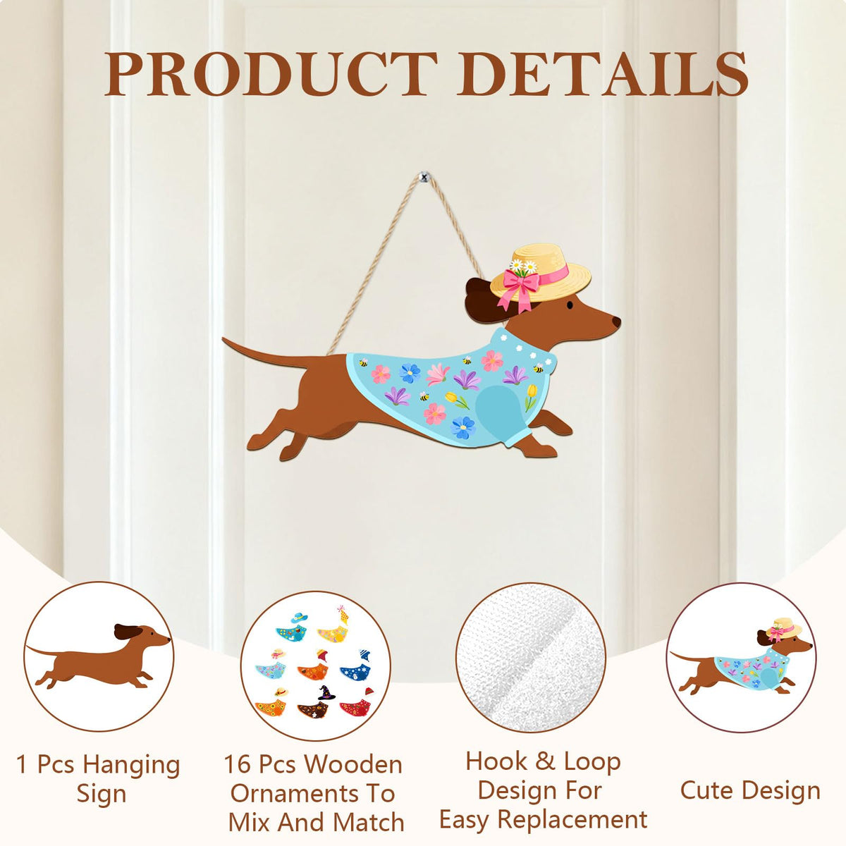 Interchangeable Wooden Dachshund Decoration, Xmas Hanging Wall Door Decor, Changeable Holiday Seasonal Decor and Detachable Hats Welcome Sign, Farmhouse Hanging Sign for Front Door, 16 PCS