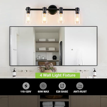 4 Light Bathroom Wall Light Fixtures Black Bathroom Wall Sconce with Clear Glass Lights Over Mirror Vanity Lights E26 Base