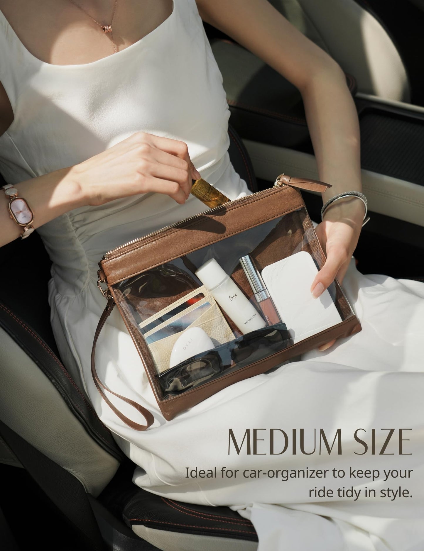 Popvibe Clear Makeup Bag with Zipper Travel Pouch Organizer Bag for Purse Cosmetic Bag Women Clear Travel Bag for Toiletry Traveling Car Essential Make Up Bag Set 3 Pack Brown