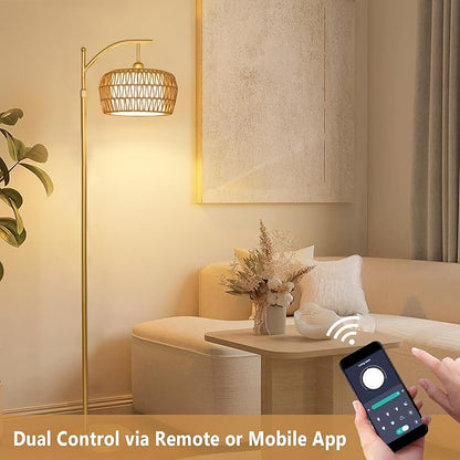 Gold Floor Lamps for Living Room, Boho Rattan Floor Lamp with Remote and Dimmable Bulb, 3 Color Temperatures, Modern Arc Standing Lamp with Wicker Shades, Farmhouse Tall Lamp for Bedroom