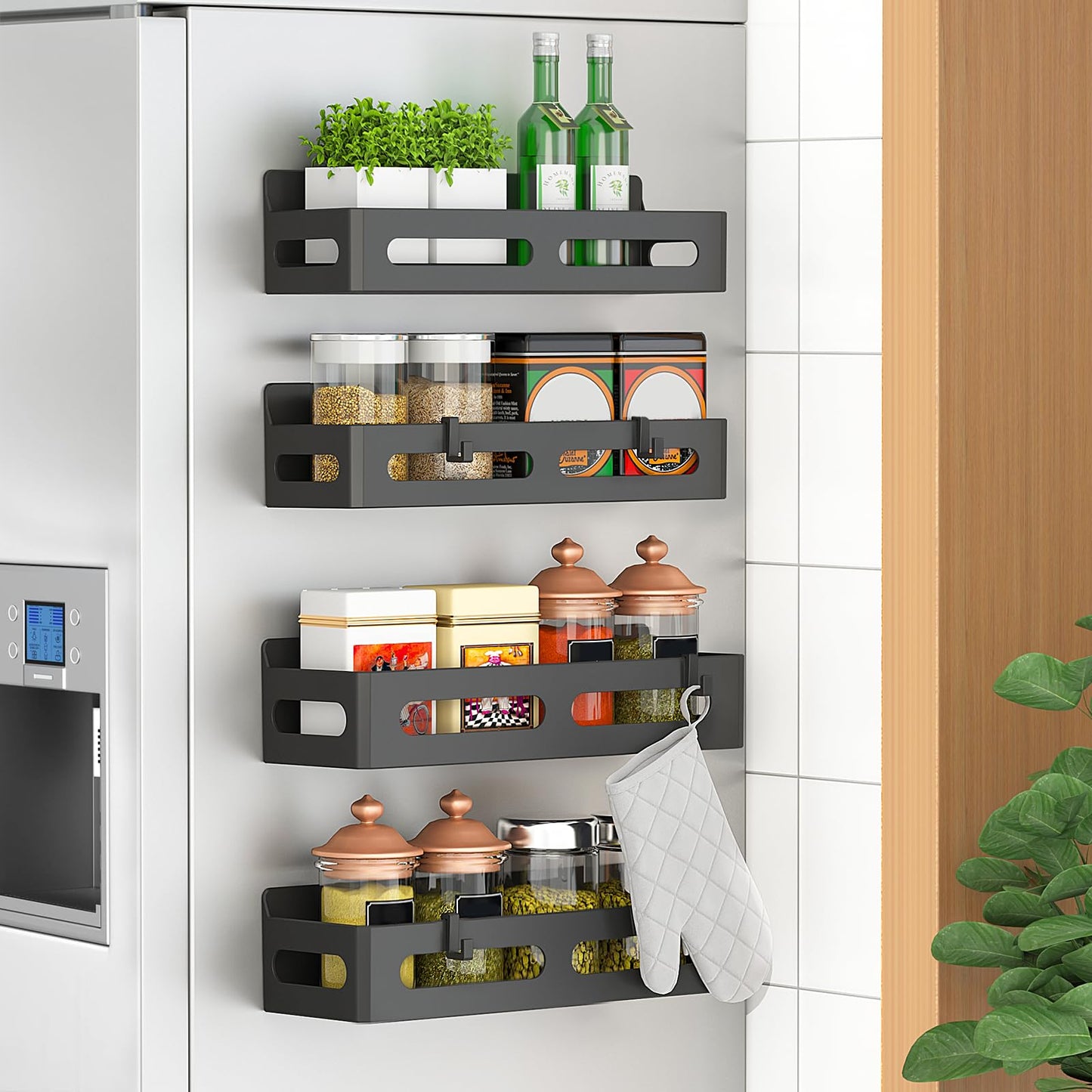 4 Pack Magnetic Spice Rack for Refrigerator, Spice Rack Organizer, Moveable Magnetic Shelf Fridge Organizer with 4 Hooks for Kitchen and Oven Organization, Black