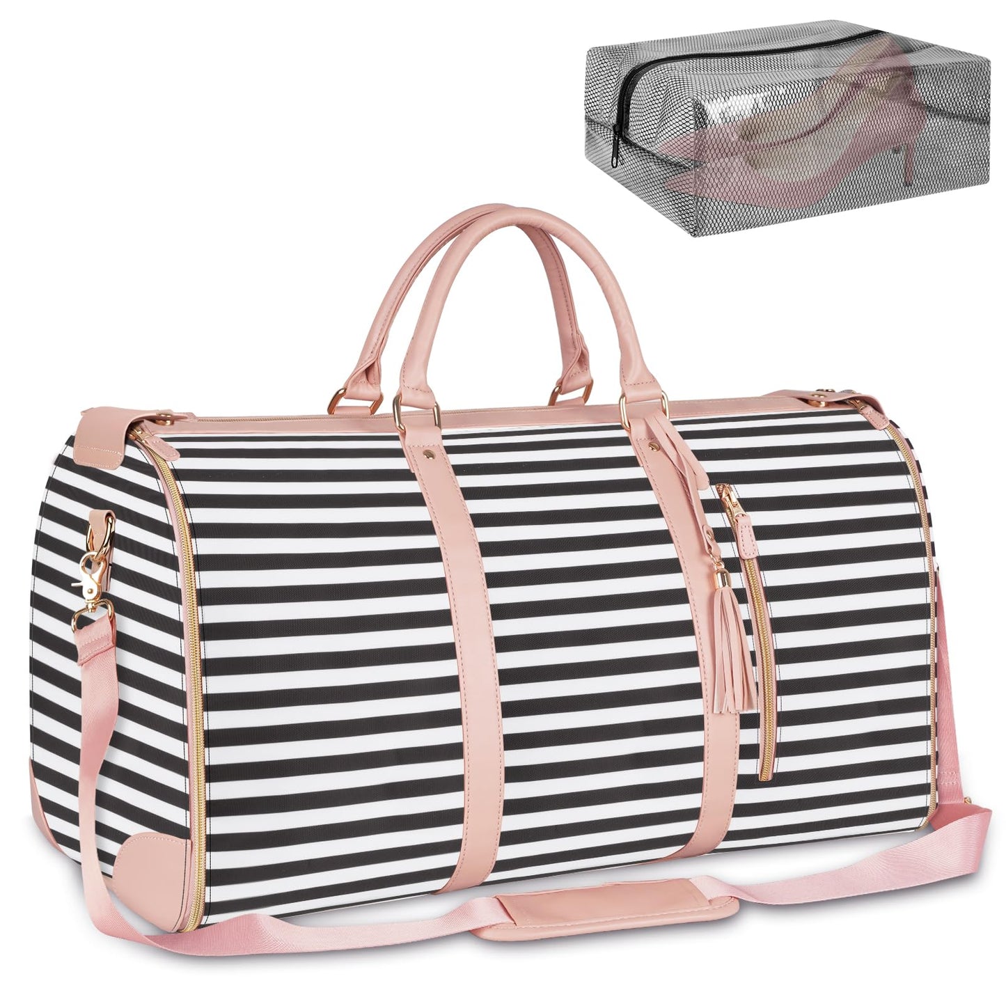 Ytonet Carry On Garment Bag, Large Hanging Duffle Bag for Women, PU Leather Waterproof Bags Travel with Shoe Pouch - 2 in 1 Suitcase Suit Bags, Black and White Stripe