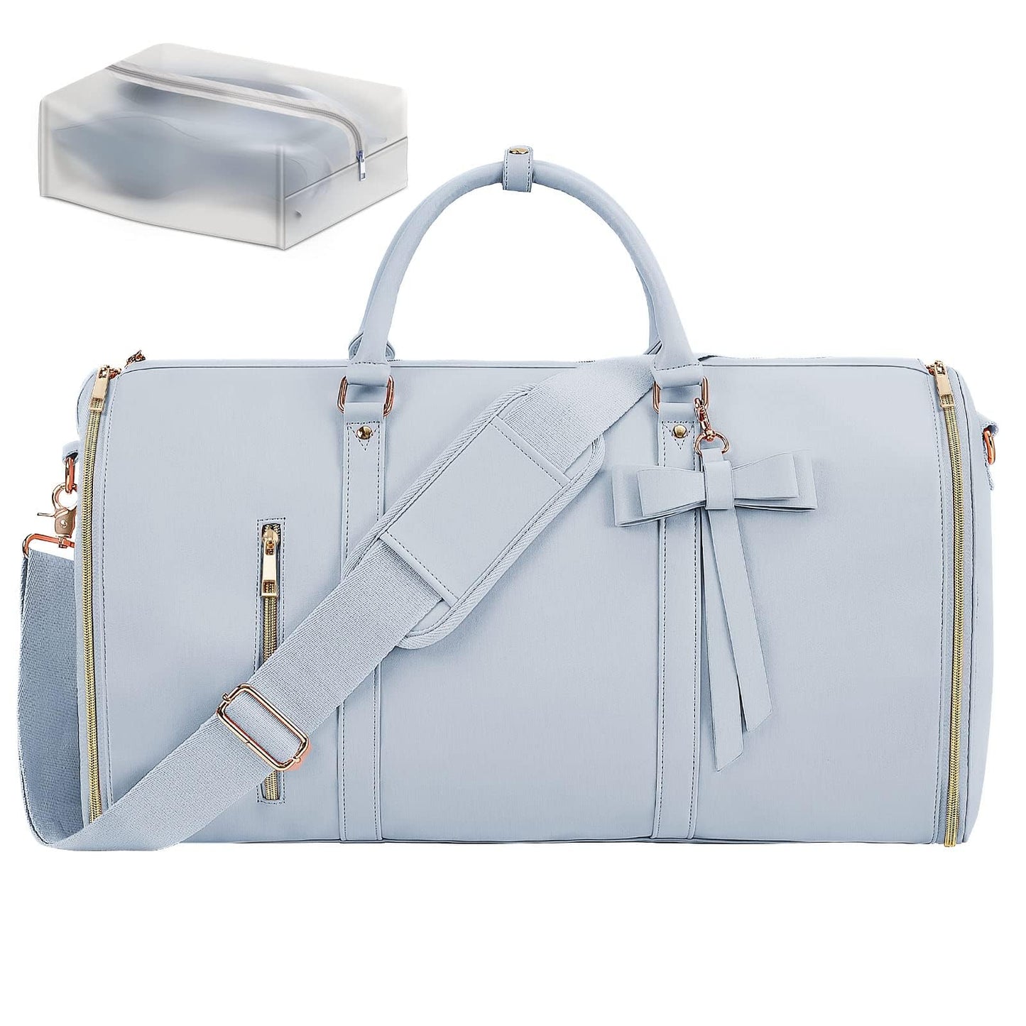 Garment Bags for Travel, Convertible Suit Travel Bag for Women, Stylish Carry On Garment Bag with Toiletry Pocket, Shoulder Strap and Shoes Compartment, 2 in 1 Foldable PU Leather Duffle Bag, Blue