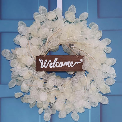 24" Yellow & Cream Fake (Not Real-Looking) Winter Fall Wreaths for Front Door – Boho Year Round Farmhouse Porch Door Decor – Beige Eucalyptus Lunaria Annua Welcome Door Wreath