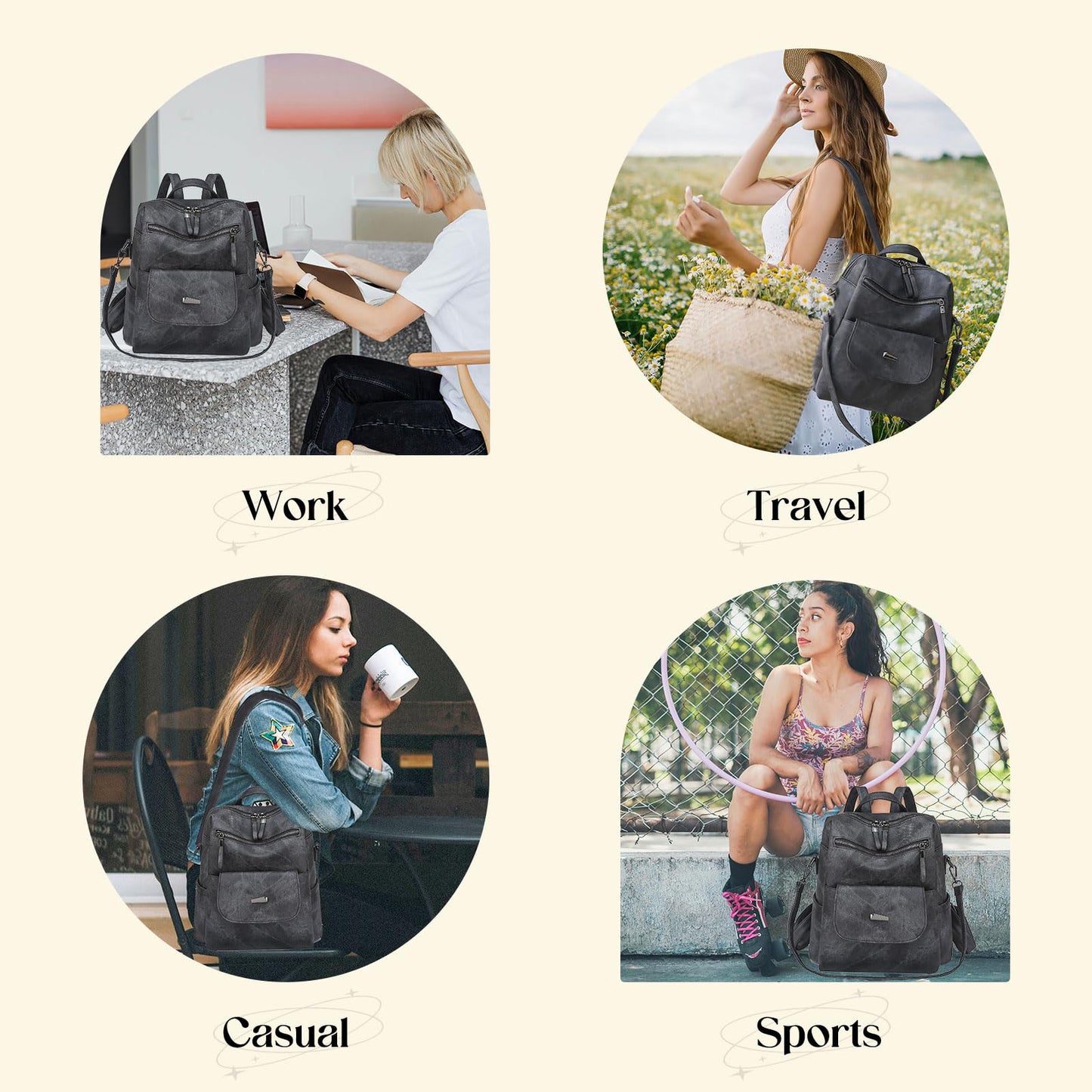 ROOSALANCE Backpack Purse for Women, Women Backpack Purse Small Leather Waterproof Anti-theft Shoulder Bags Handbags, Fashion Ladies Back pack for Daily Travel Work (Black Grey)
