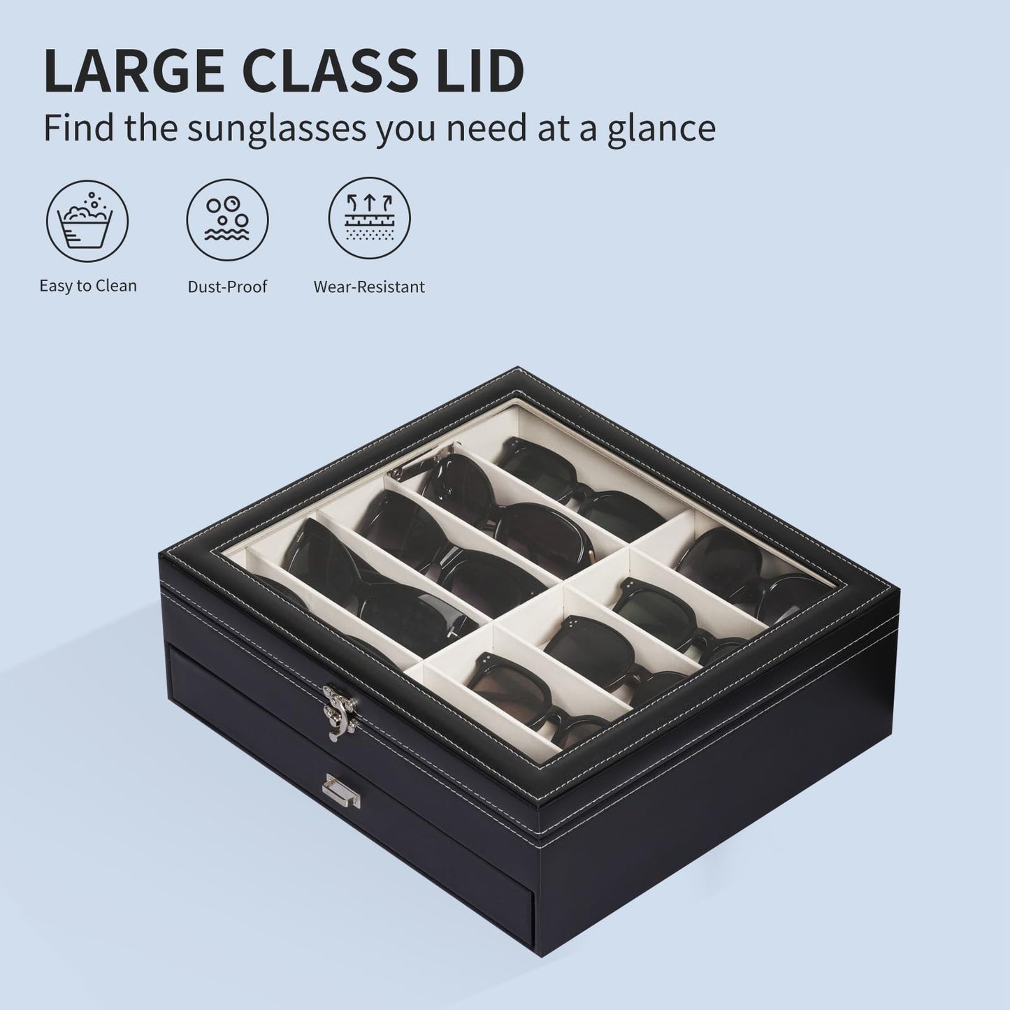 AUTOARK 2-Tier Lockable Glasses & Jewelry Organizer Case with Glass Top,20 Capacity PU Leather Display Box for Sunglasses,Watches,Rings,Ideal Gift for Home Office,Black,MKAW-301