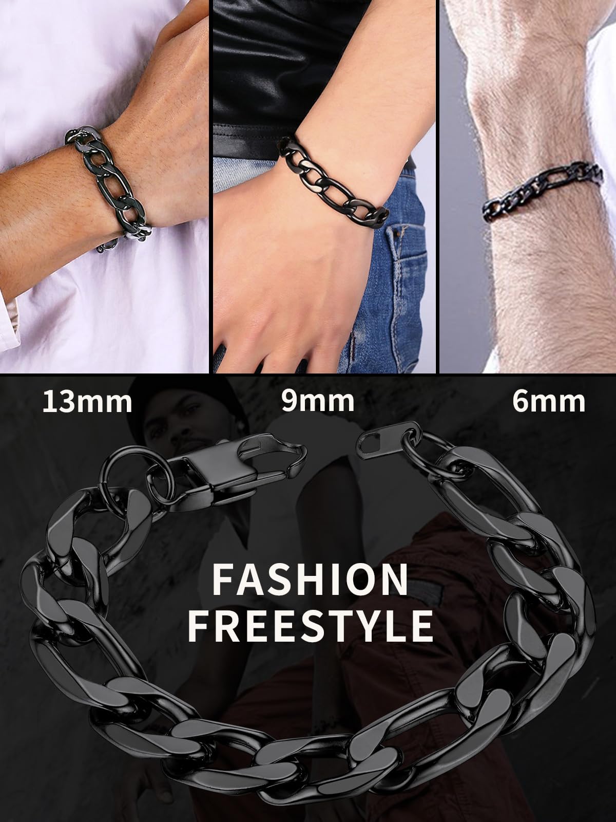 ChainsHouse Black Figaro Bracelet for Men Women, 13mm 7.5" Link Chain Bracelet Punk Hip Hop Jewelry Stainless Steel Figaro Bracelets