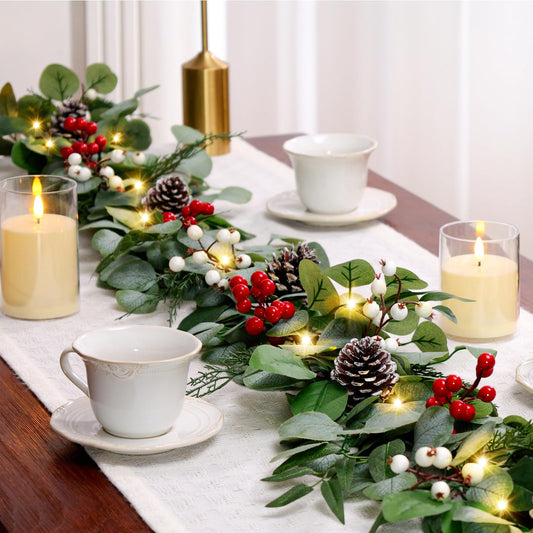 9FT Prelit Christmas Garland with Lights, Multi-Color Lights/Battery Operated/Timer, Lighted Artificial Eucalyptus Christmas Garland for Mantle Table Stairs Railing Xmas Indoor Outdoor Decorations