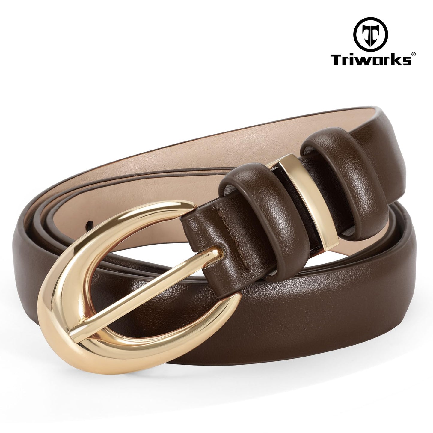 TRIWORKS Women Leather Belt for Jeans Pants Fashion Ladies Skinny Faux Leather Dress belt with Gold Buckle