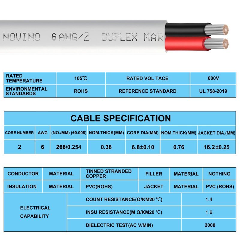 6 Gauge Marine Wire Duplex Marine Grade Wire,6 AWG 15ft Tinned Copper Boat Electrical Cable for Boat/Automotive/RV/Camper Outdoor Use