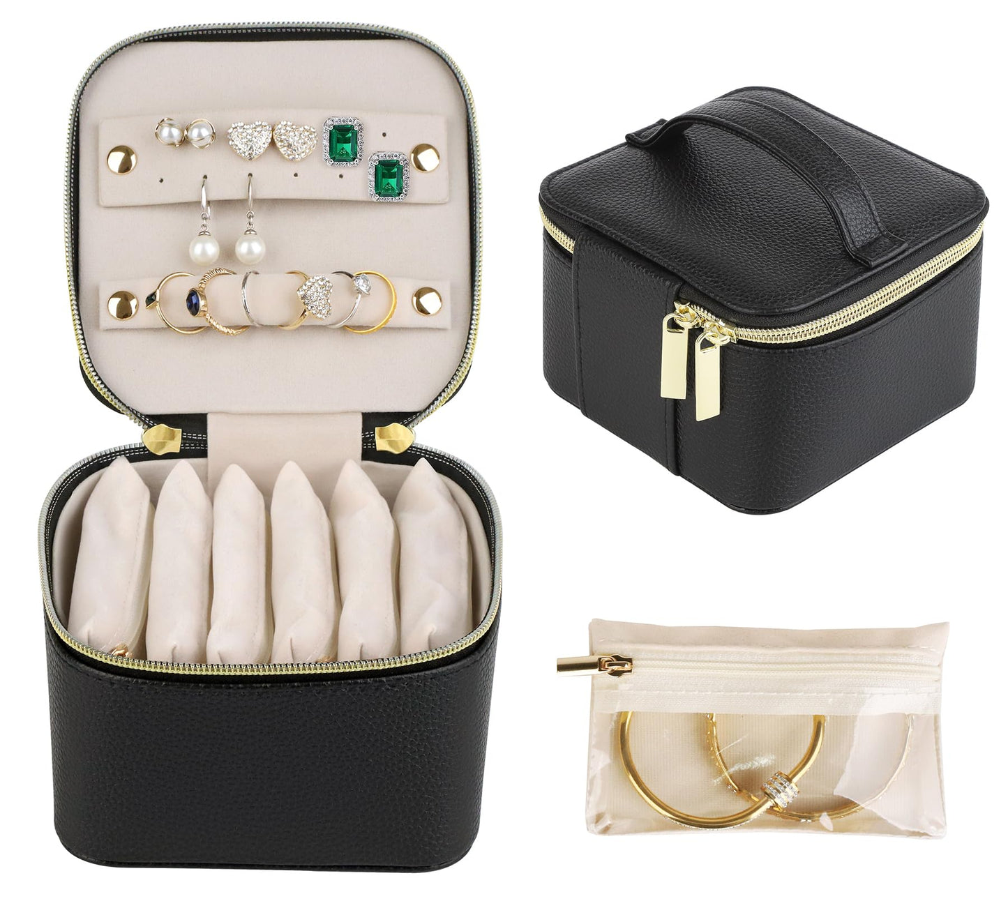 HofferRuffer Jewelry Box Organizer for Women Girls, Travel Jewelry Case with 6 Portable Zipper Bags, Jewelry Storage Ideal for Travel & Home Organization (6pcs-Black Faux Leather)