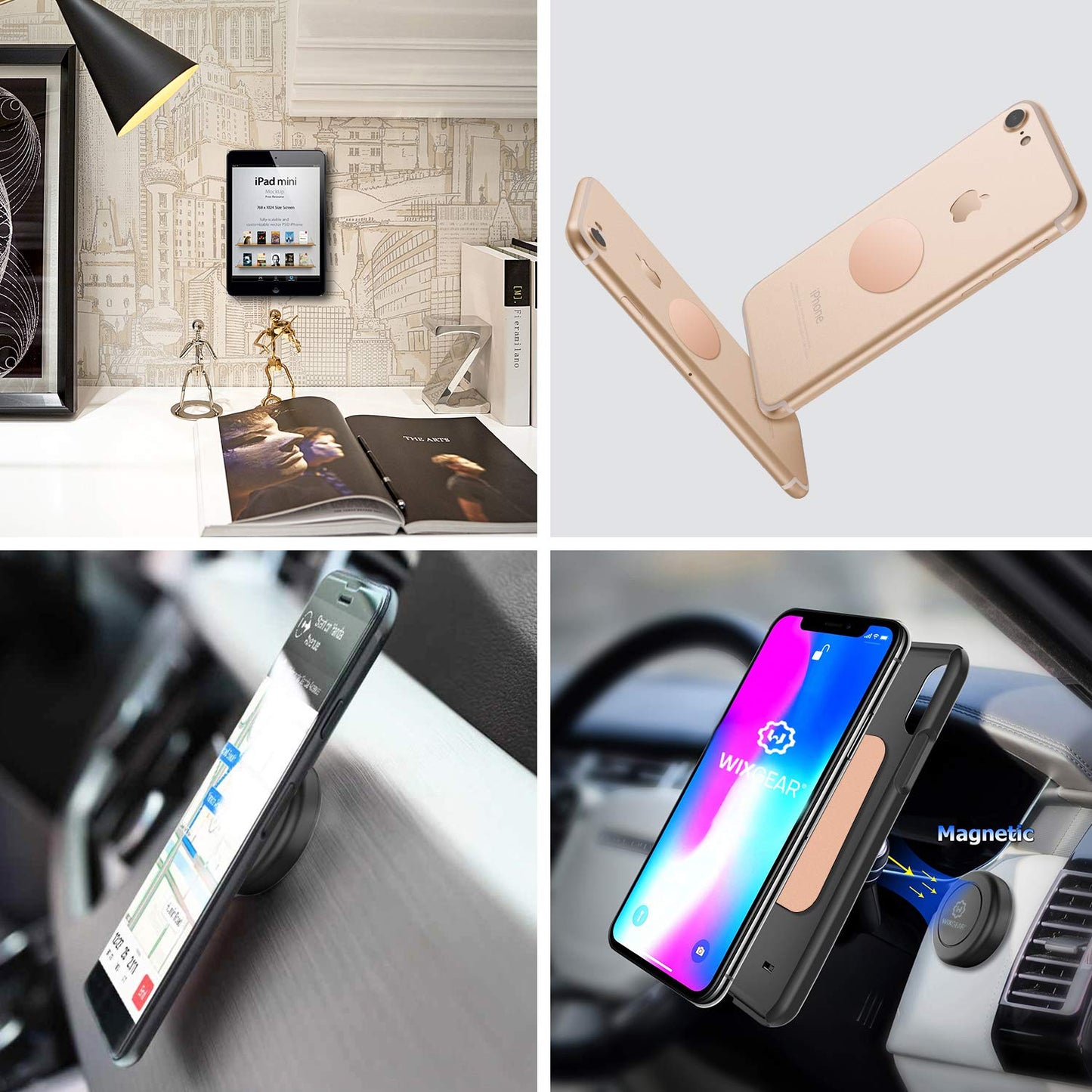 Mount Metal Plate with Adhesive for Magnetic Cradle-Less Mount by WixGear - X4 Pack 2 Rectangle and 2 Round (Compatible with Magnetic mounts) (Black)
