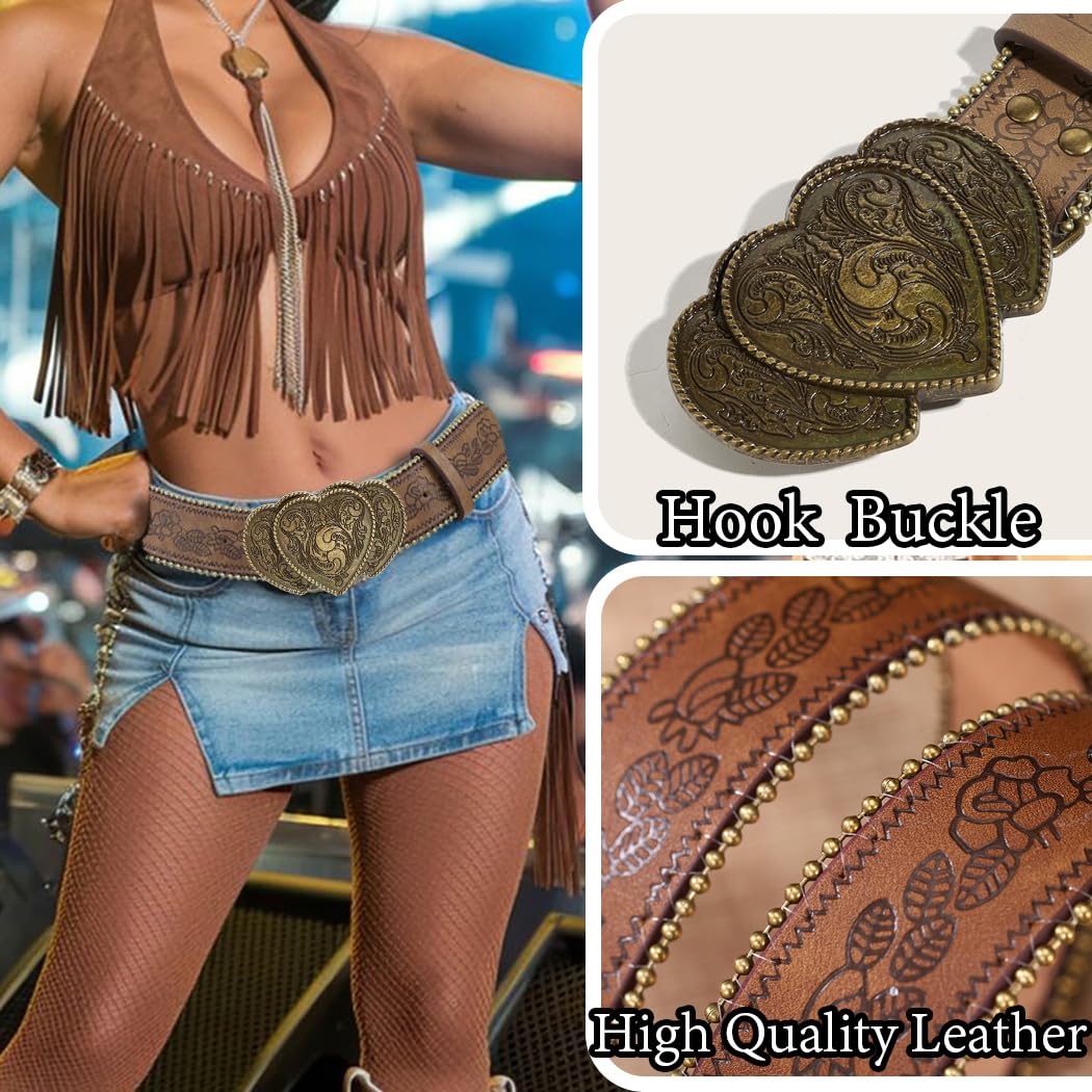 Bounzhi Brown Western Belt for Women Cowgirls Cowboys Leather Belt for Jeans Pant Country Belt with Vintage Buckle (Heart Brown, 34''-43'')