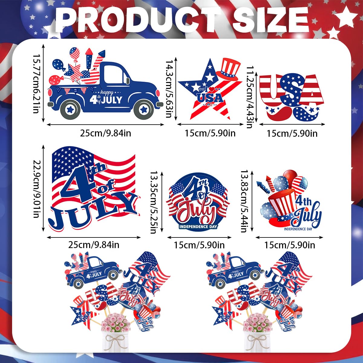 12 Pcs 4th of July Centerpiece Sticks Floral Picks Red White Blue American Flag Truck Stars Stripes Patriotic Cake Bouquet Tabletop Decoration for Independence Day Vase Filler Photo Prop Party