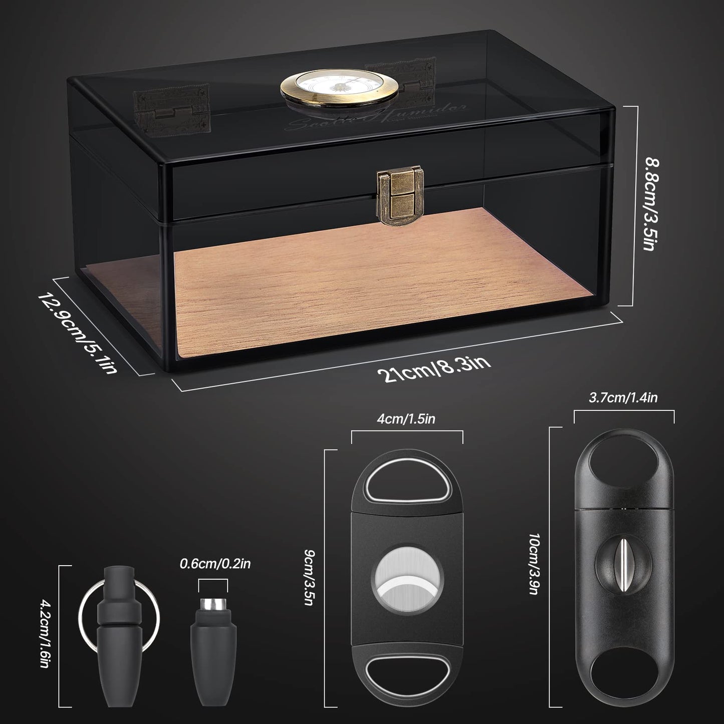 Scotte Acrylic Humidor - Cigar Box With Hygrometer, Humidifier & Accessories (Grey, Holds 20 Cigars)