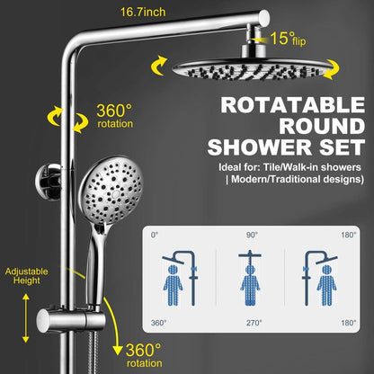 SonTiy 9" Shower Head with Handheld Spray, Rain Shower Heads System, 5 Spray Mode Handheld, Modern Shower System with Easy Reach Diverter, 72'' Hose and Height Adjustable Holder, Chrome