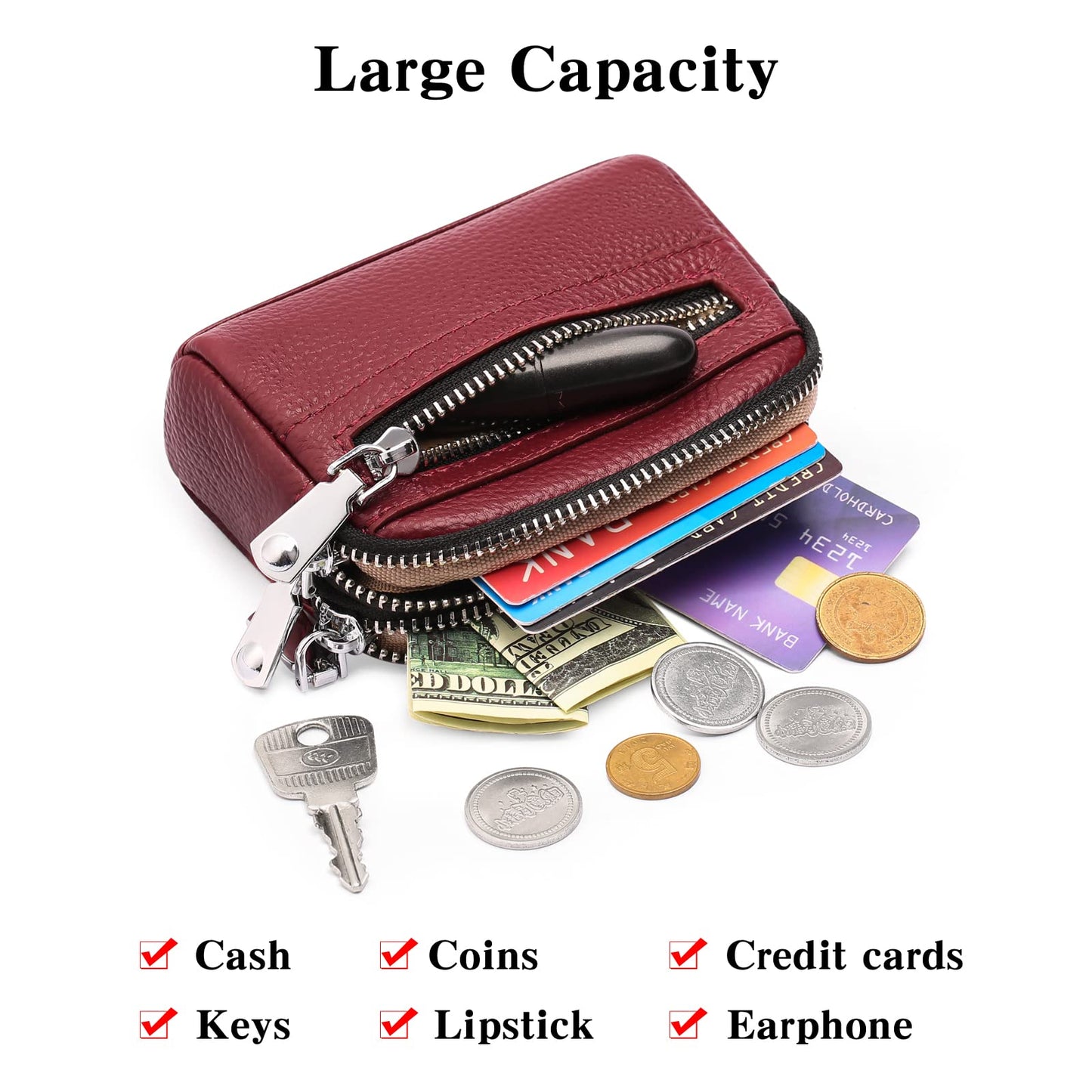 SENDEFN Coin Purse for Women Leather Wristlet Double Zip Around Small Change Pouch