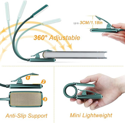 Gritin 9 LED Rechargeable Book Light for Reading in Bed - Eye Caring 3 Color Temperatures,Stepless Dimming Brightness,80 Hrs Runtime Small Lightweight Clip On Book Reading Light for Studying-Green