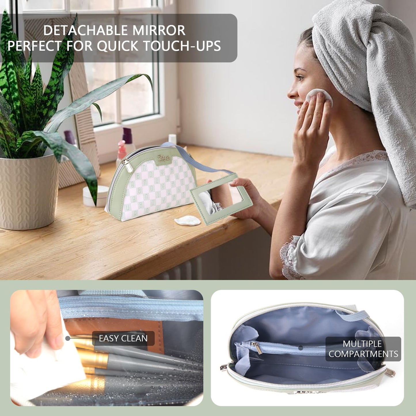 BOYATU Vegan Leather Cosmetic Bag: Refined Pattern Pouch with Built-In Tethered Pull-Out Mirror - Quick Touch-Ups Anywhere - Compact&Lightweight Easy to Carry(022-Green)